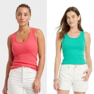 Universal Thread Set/2 Green Coral Pink Shrunken Ribbed Cotton Tank Tops Small